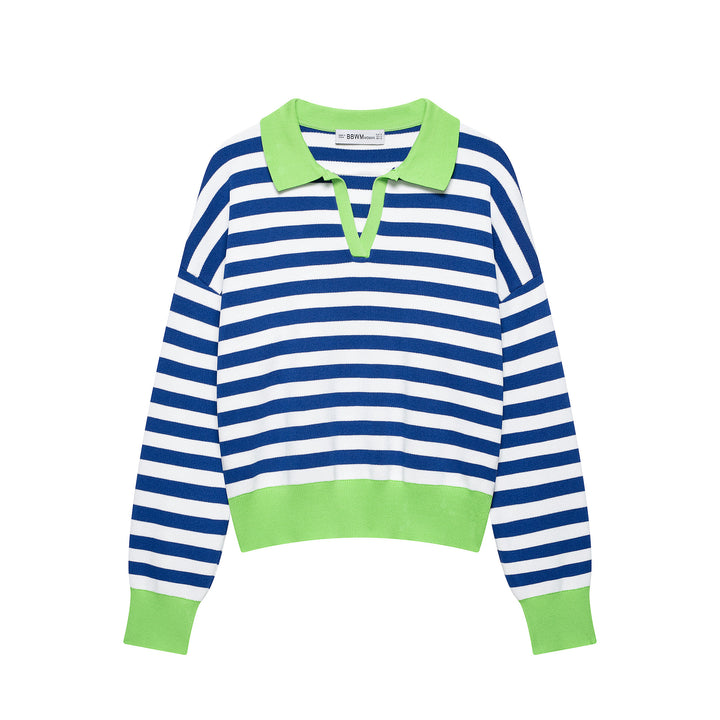 Women's Striped Polo Sweater with V-Neck, Loose Body and Contrasting Cuffs Amarae