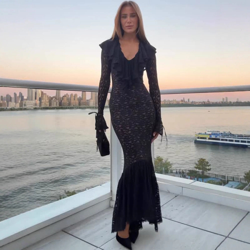 Women's Fitted Lace Maxi Dress with Ruffle Collar and Bell Hem Amarae