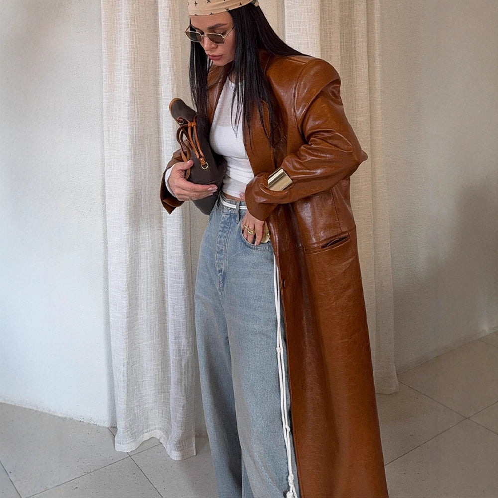 Women's long-cut patent leather trench coat with lapel collar and boxy oversized fit Amarae