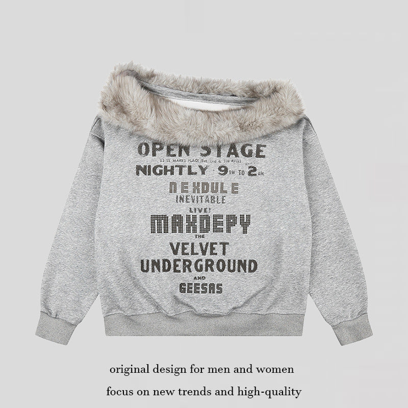 Women's oversized sweatshirt with faux fur collar, soft inner lining and typographic statement print Amarae
