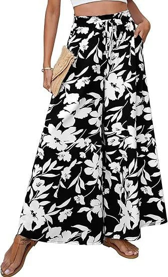 Lune London Women's Wide Leg Beach Pants with Floral Pattern