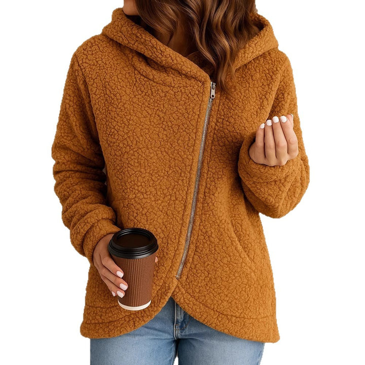 Ladies plush hooded jacket with asymmetrical zipper Lune London