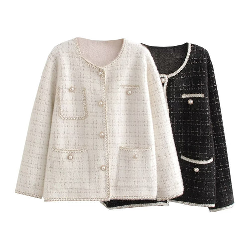 Ladies Structured Boucle Jacket with Decorative Pearls and Pockets Amarae
