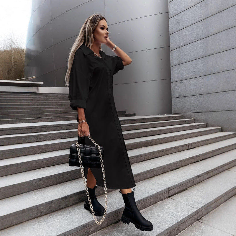 Women's Long Oversized Shirt Dress with Continuous Button Placket, Cuffed Sleeves and Deep Side Slit Amarae