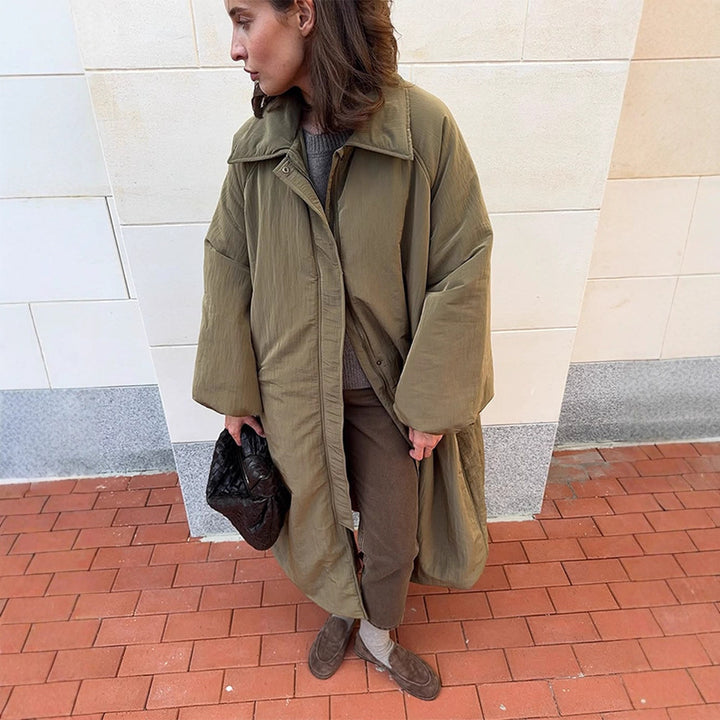 Women's oversized padded cocoon coat with concealed button placket and dropped shoulders Amarae