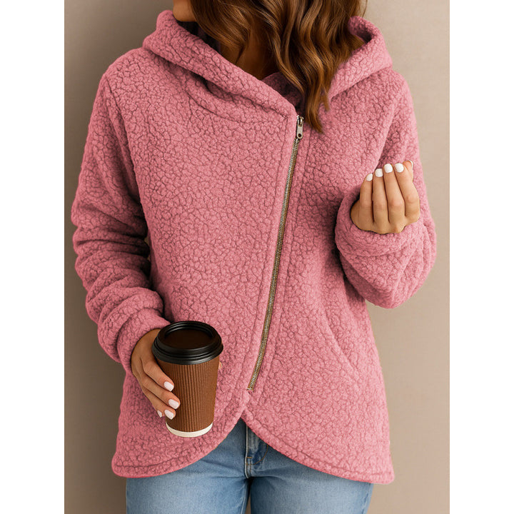 Women's teddy fleece jacket with asymmetrical zipper, hood and curved hem Amarae