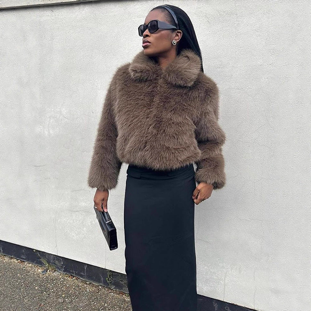 Women Short Boxy Faux Fur Blouson with Voluminous Shawl Collar and Lined Interior Amarae