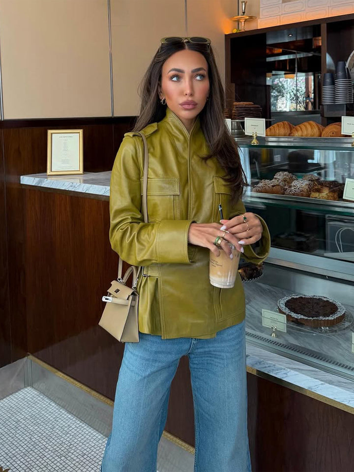 Women's Faux Leather Utility Jacket with Stand-up Collar, Chest Pockets & Concealed Zipper Amarae