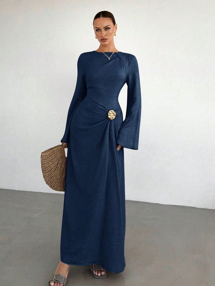 Ladies max dress with draping, decorative brooch and wide trumpet sleeves Amarae