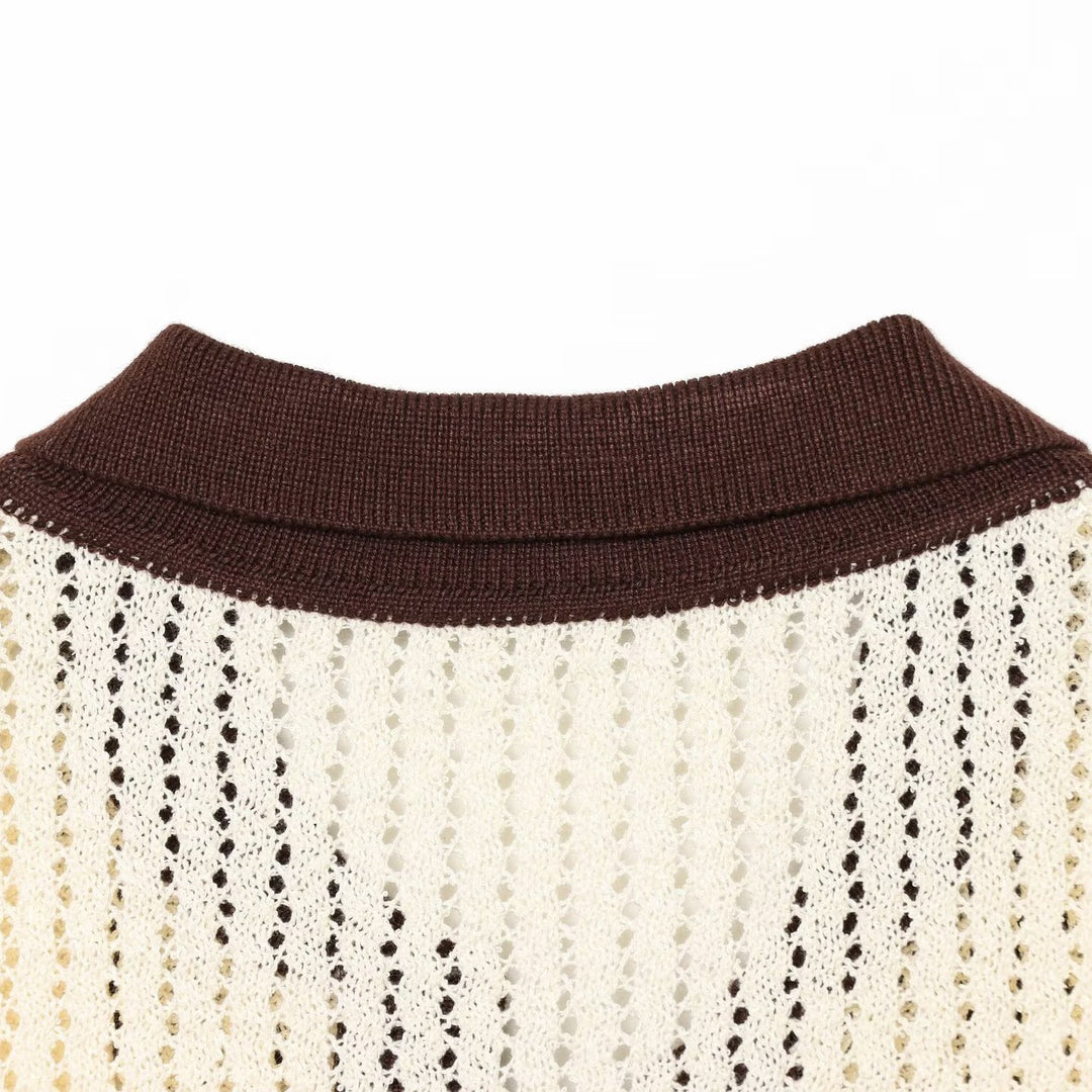 Women's short-sleeve polo pullover made of openwork knit with open V-neck Amarae
