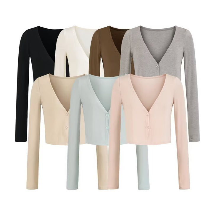 Women's Short Fine Knit Cardigan with Deep V-Neck and Button Front Amarae