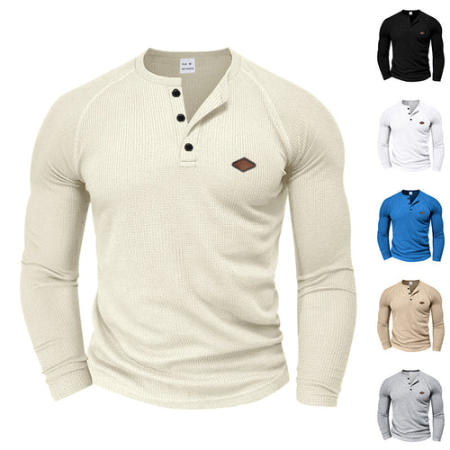 Men's Long Sleeve Henley T-shirt with Textured Fabric and Trendy Button Design Amarae