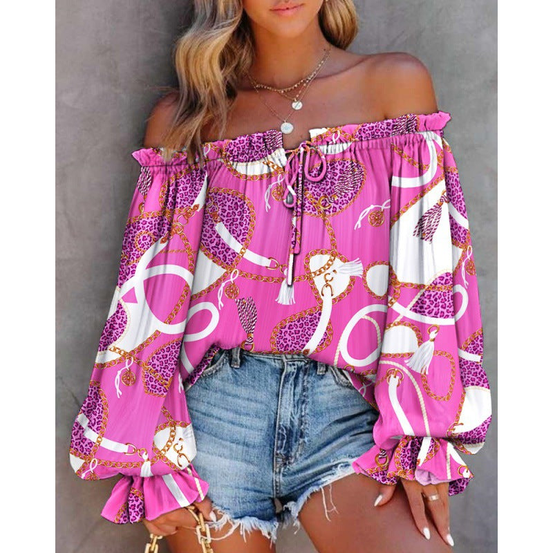 Ladies Off-Shoulder Blouse with Colorful Pattern and Elastic Hem Lune London