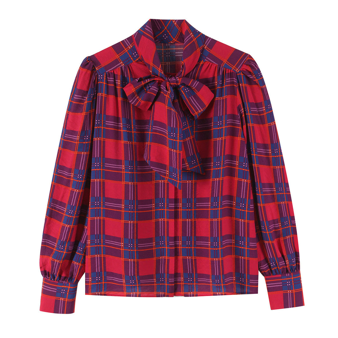 Ladies bow blouse with check pattern, voluminous sleeves and wide cuffs