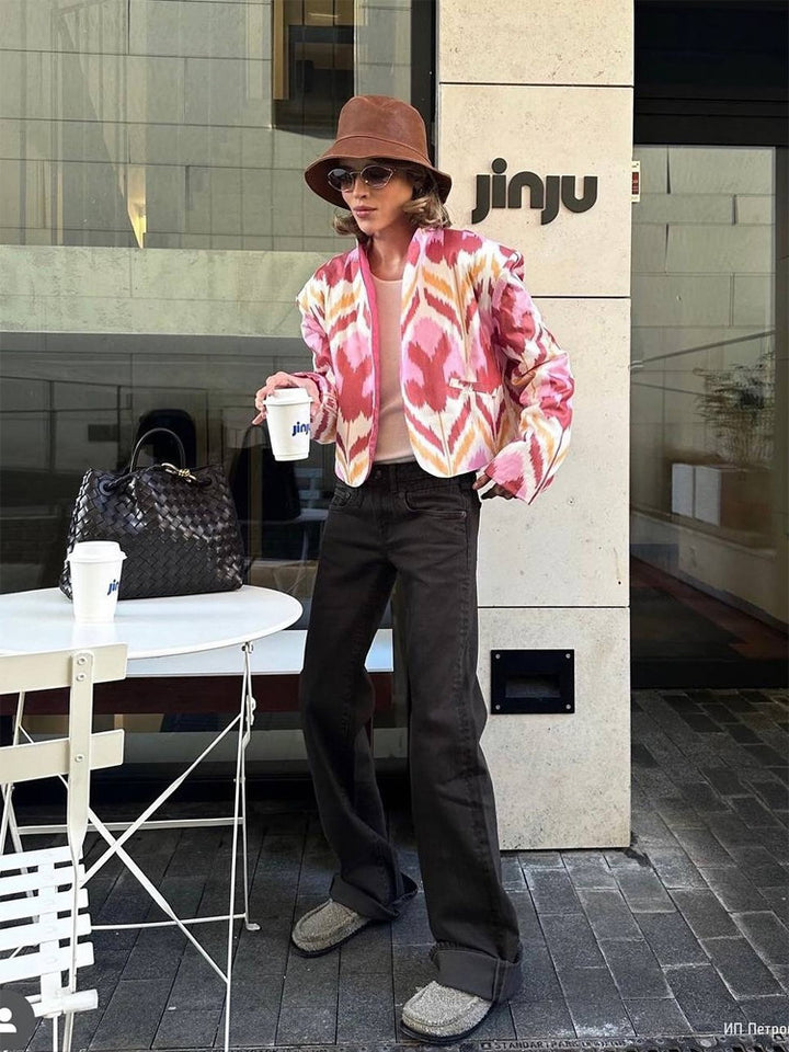 Women’s short jacket with Ikat pattern, boxy silhouette, and light cotton blend Amarae