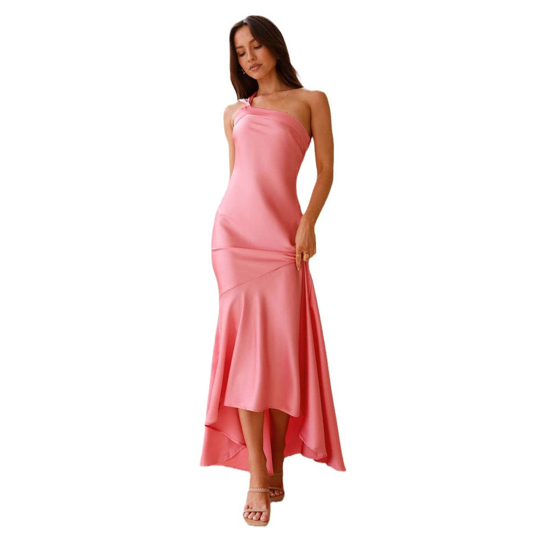 Women's Elegant Asymmetrical Maxi Dress with Off-the-Shoulder Design and Flowing Cut Lune London