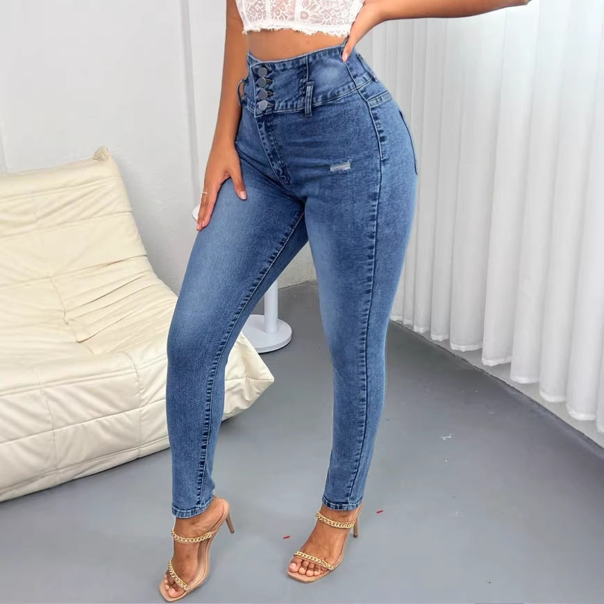 Ladies High-Waisted Skinny Jeans with waist-shaping multiple button and sculpting side seam Amarae