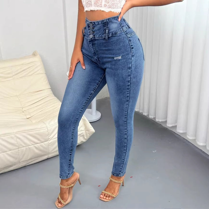 Ladies High-Waisted Skinny Jeans with waist-shaping multiple button and sculpting side seam Amarae