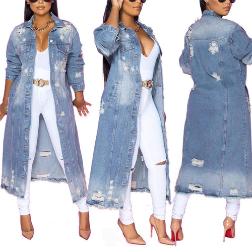 Women's denim jacket in a long casual style with distressed details Amarae