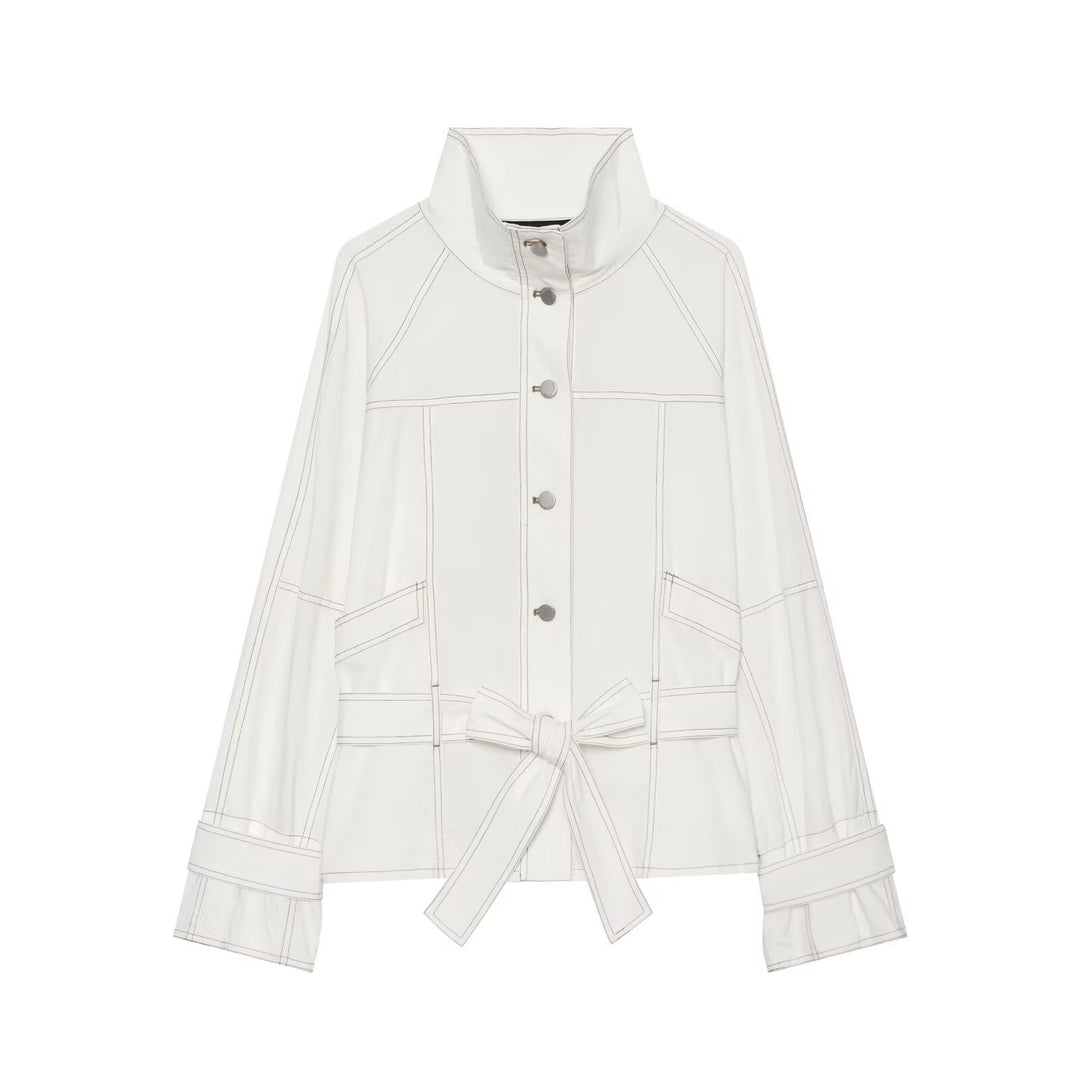 Women's Cropped Parka Jacket with high funnel collar, flap pockets and tie belt Amarae