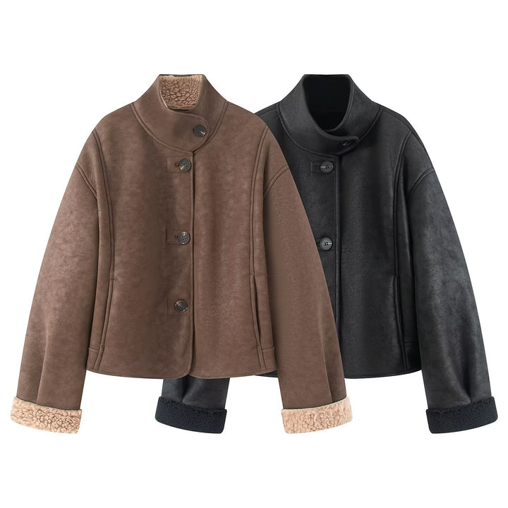 Women's Short Lambskin-Look Jacket with Stand-up Collar and Button Placket Amarae