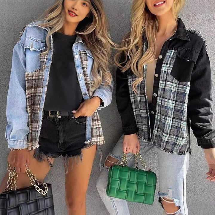 Veste en jean décontractée pour femmes avec combinaison de matériaux à carreaux et poches pratiques Chic & Stil