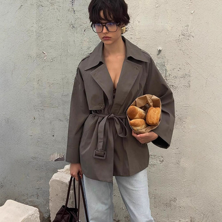 Women Short Trench Coat with Tied Belt and Oversized Sleeves Amarae