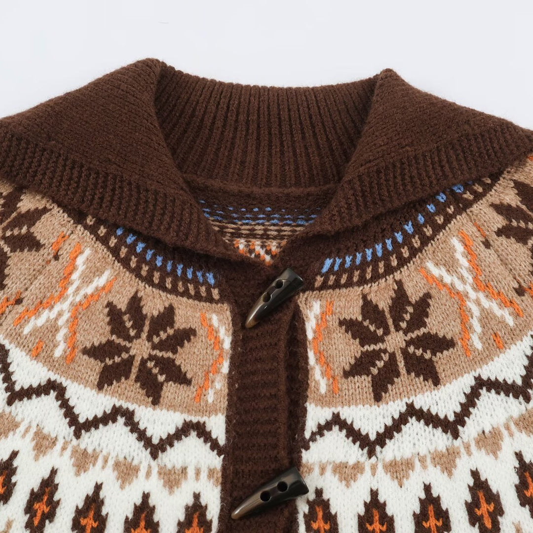 Women Chunky Knit Norwegian Cardigan with Shawl Collar and Horn Button Placket Amarae