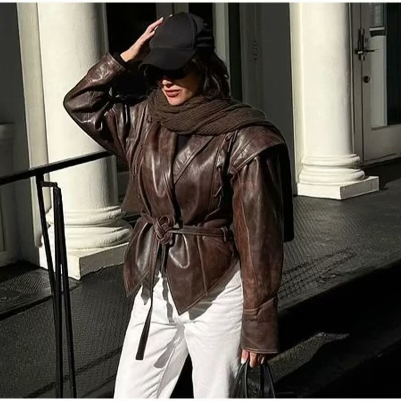 Women's Tailored Leather Jacket with Ties and Emphasized Shoulder Area Amarae