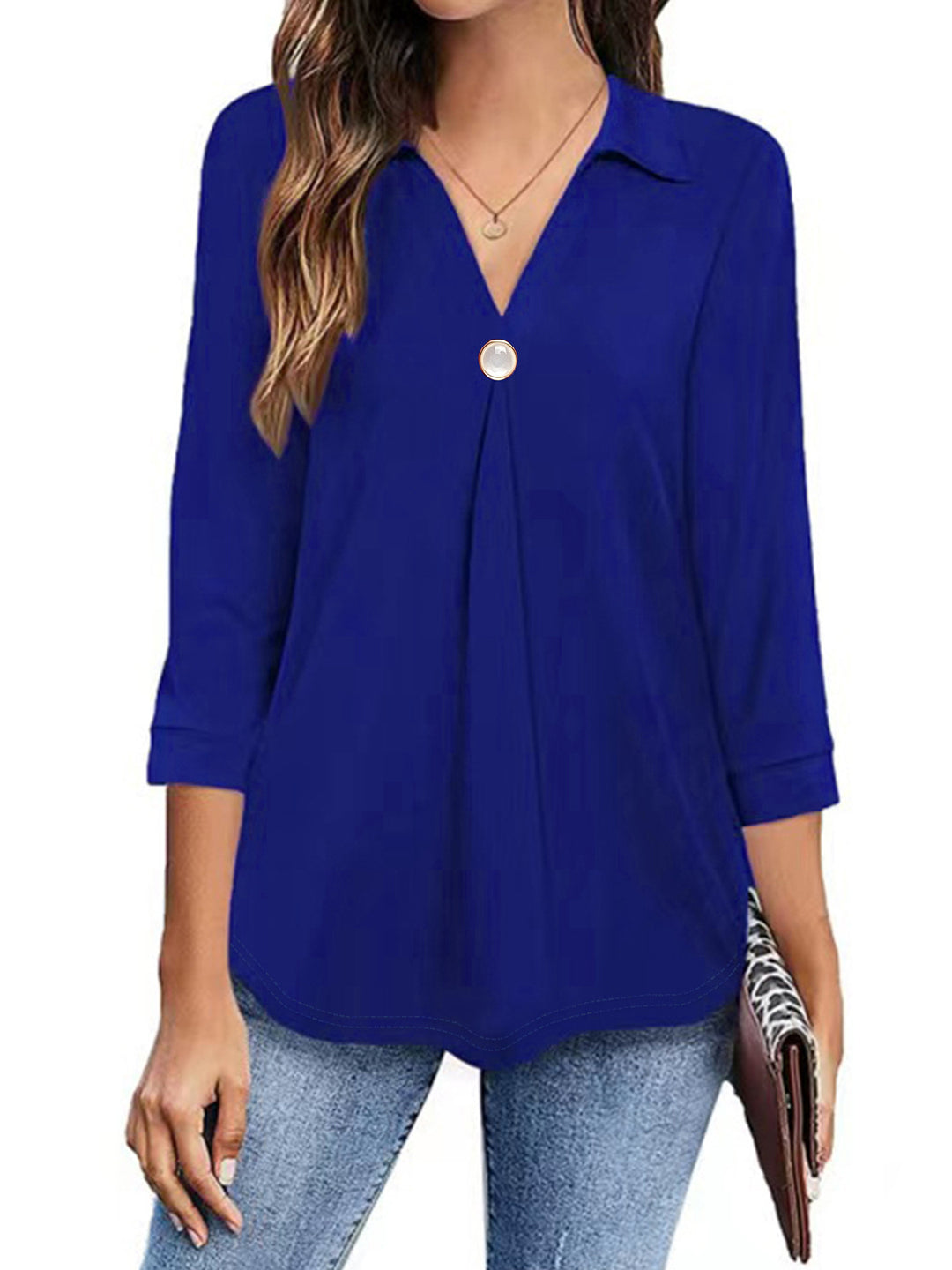 Long sleeve blouse for women with an elegant V neck and decorative pleats Lune London