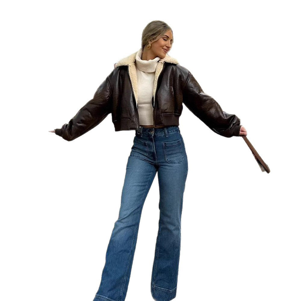 Ladies short cut pilot jacket with teddy lining and oversized sleeves Amarae