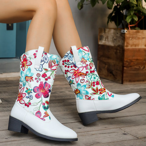 Women's cowboy boots with embroidered floral pattern and comfortable block heel Amarae