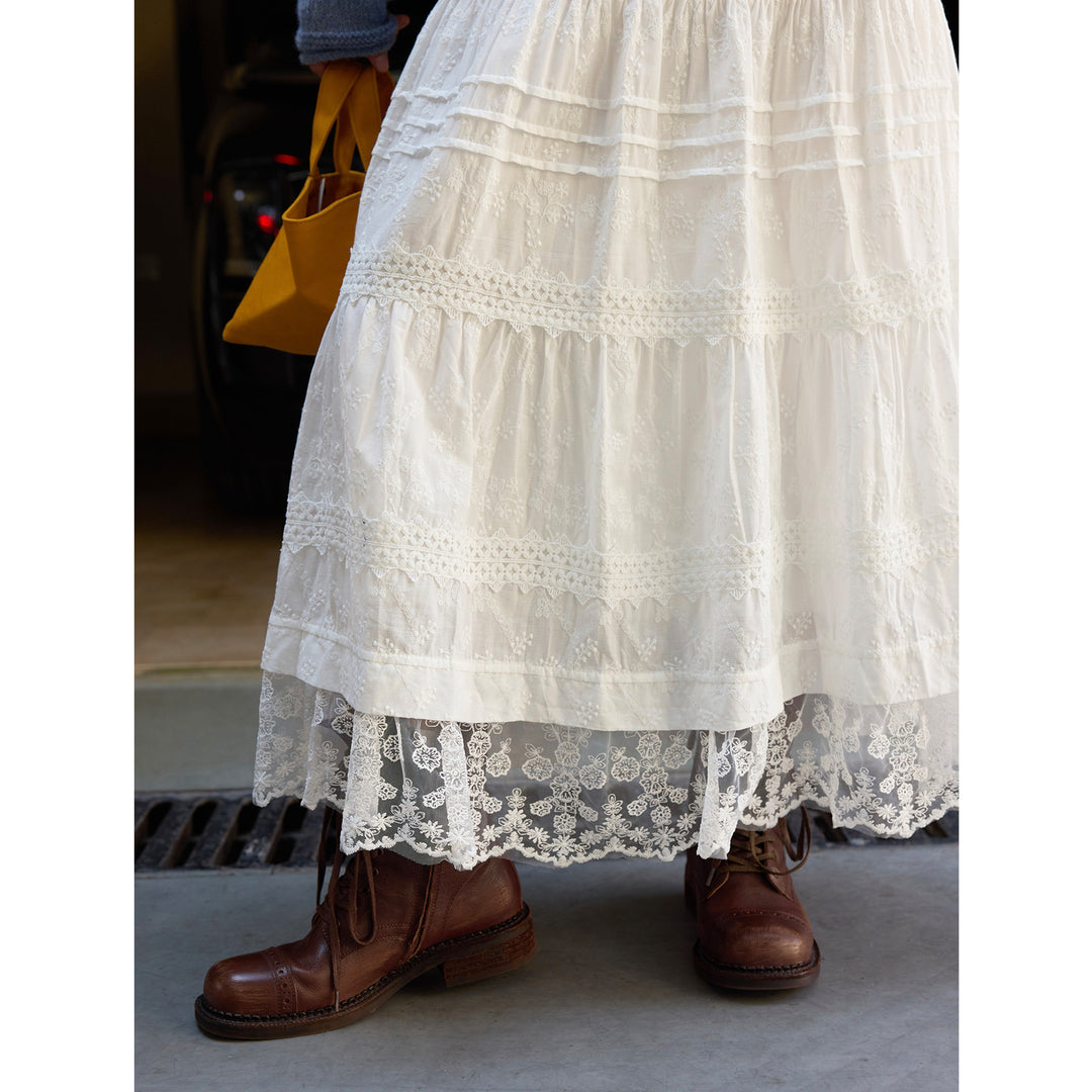Women Long Tiered Skirt with Lace Layers and Elastic Waistband Amarae