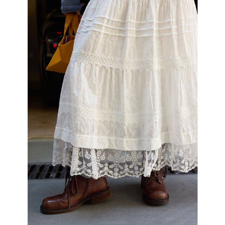 Women Long Tiered Skirt with Lace Layers and Elastic Waistband Amarae
