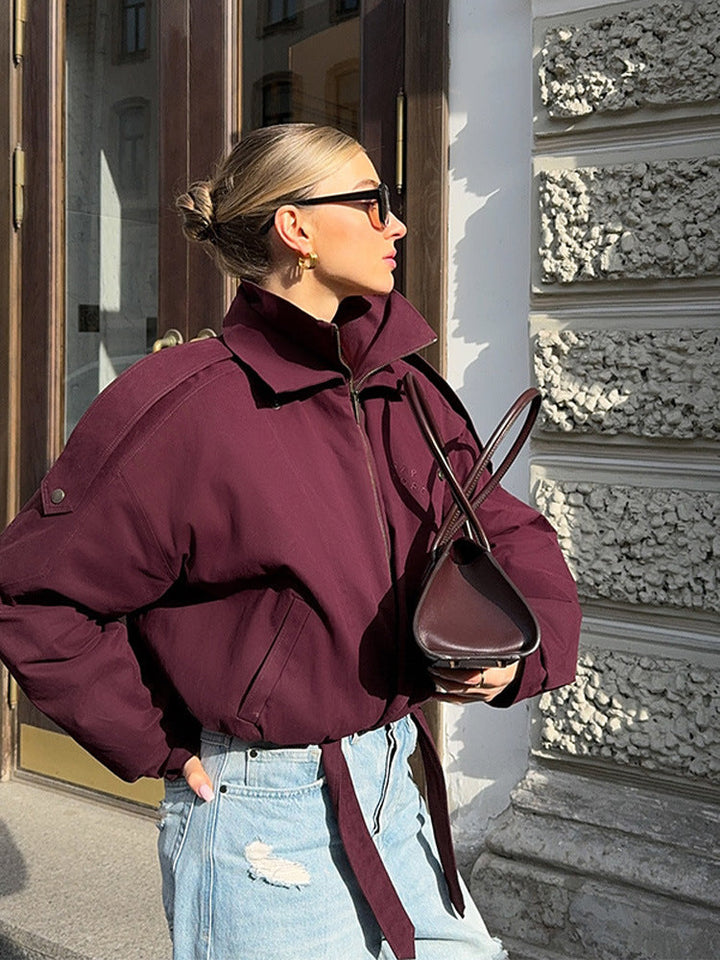 Ladies modern Oversized jacket with high collar and belt at the waist Lune London