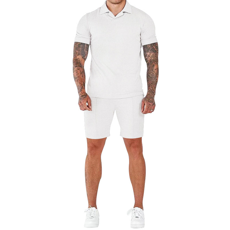Casual short-sleeve men’s set with textured design and modern mock collar Amarae