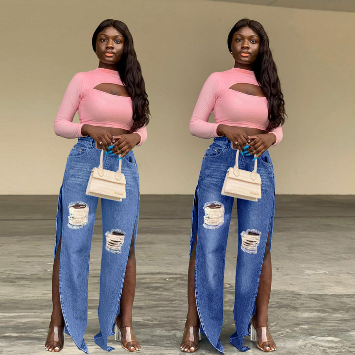 Ladies High-Waisted Wide-Leg Jeans with Knee Rips and Side Slits Amarae