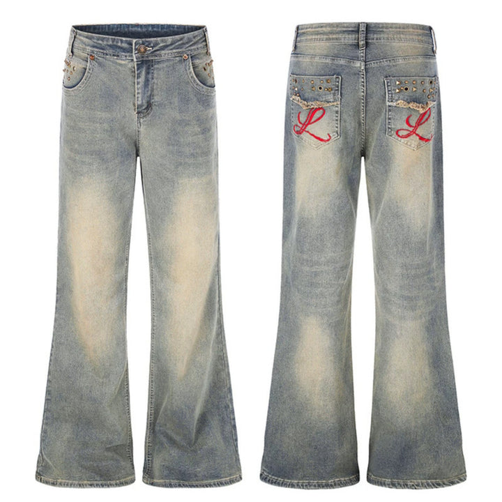 Women's Wide High-Waist Flared Jeans with Used Effect, Embroidered Back Pockets and Rivets Amarae
