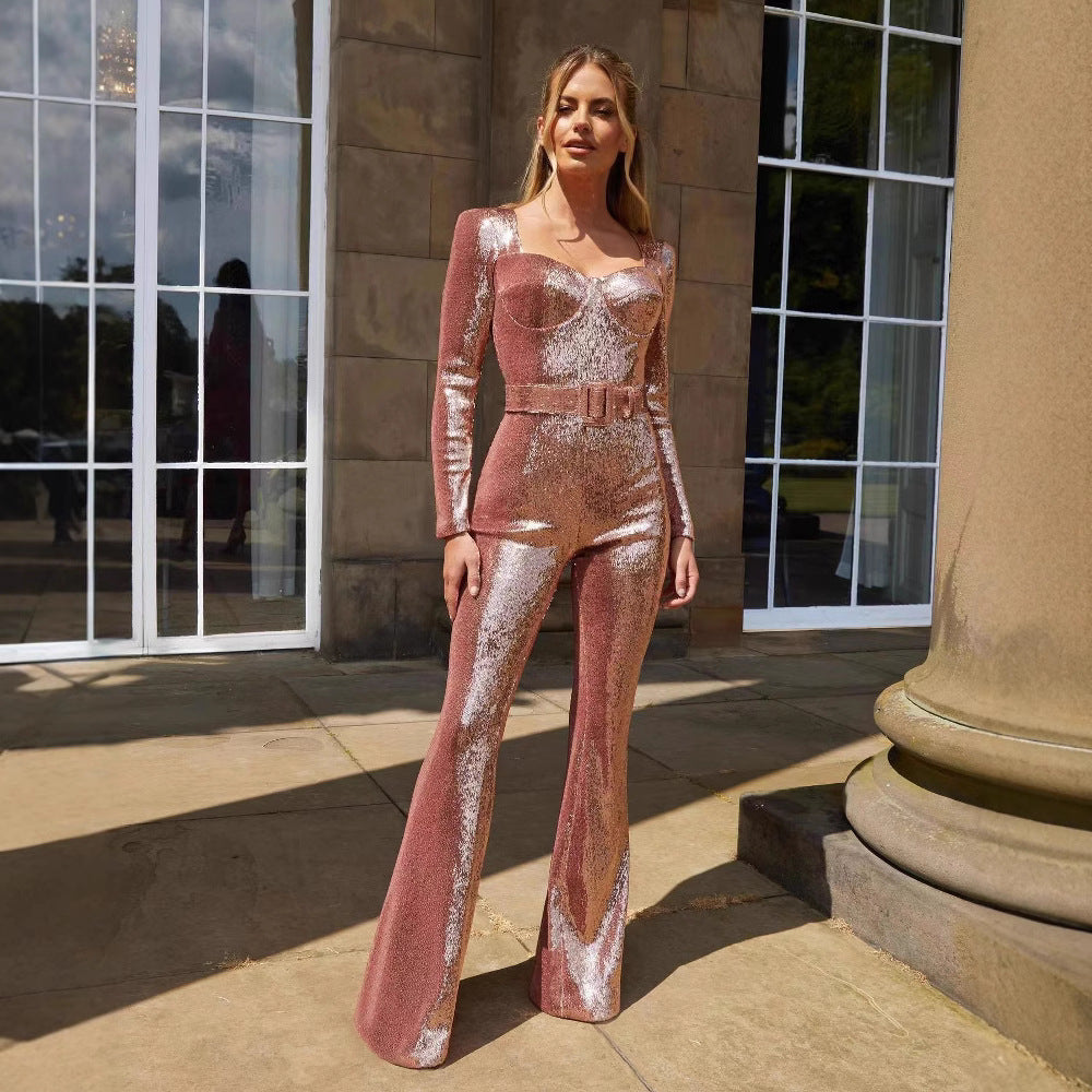 Ladies Glamorous Sequin Jumpsuit with Chic Waistline Lune London