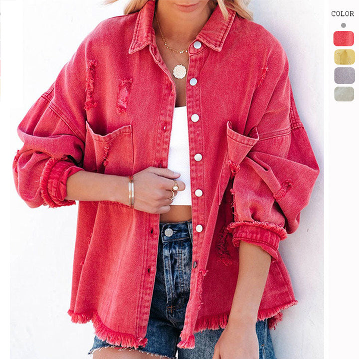 Women's oversized denim jacket in casual vintage style with fringed details