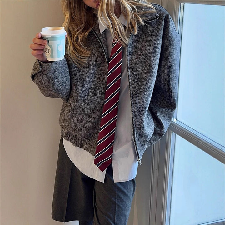 Ladies short jacket in herringbone wool blend with zip and elastic hem Amarae