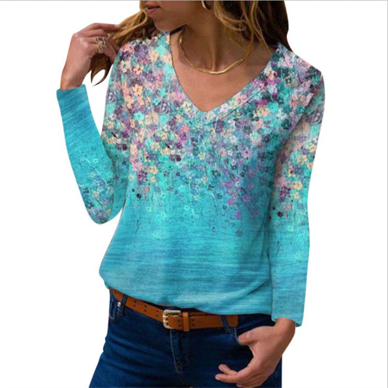 Women Long Sleeve V-Neck Tunic with Floral Watercolor Print and Light Jersey Quality Amarae