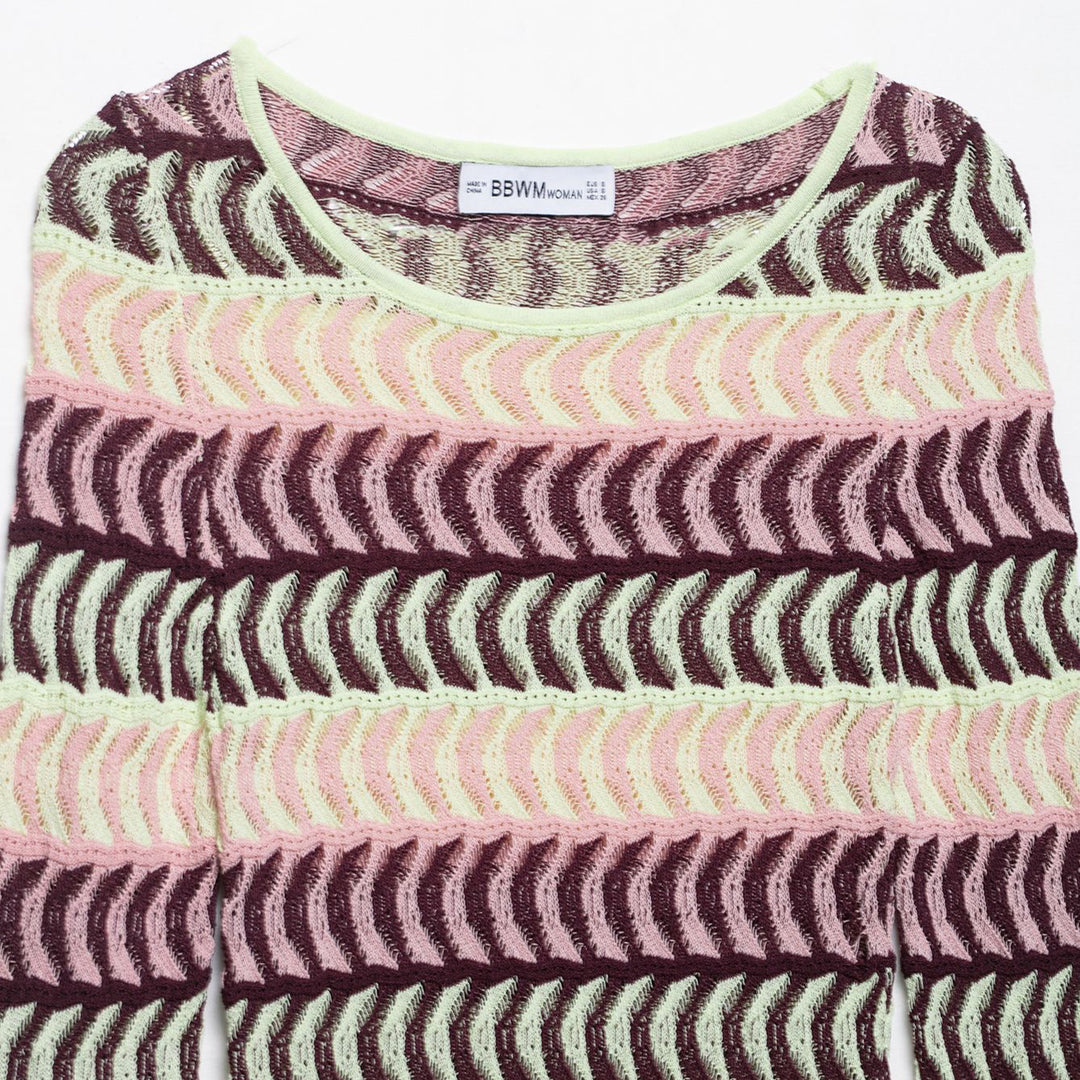Women High Knit Long Sleeve Top with Fashionable Wave Pattern Lune London