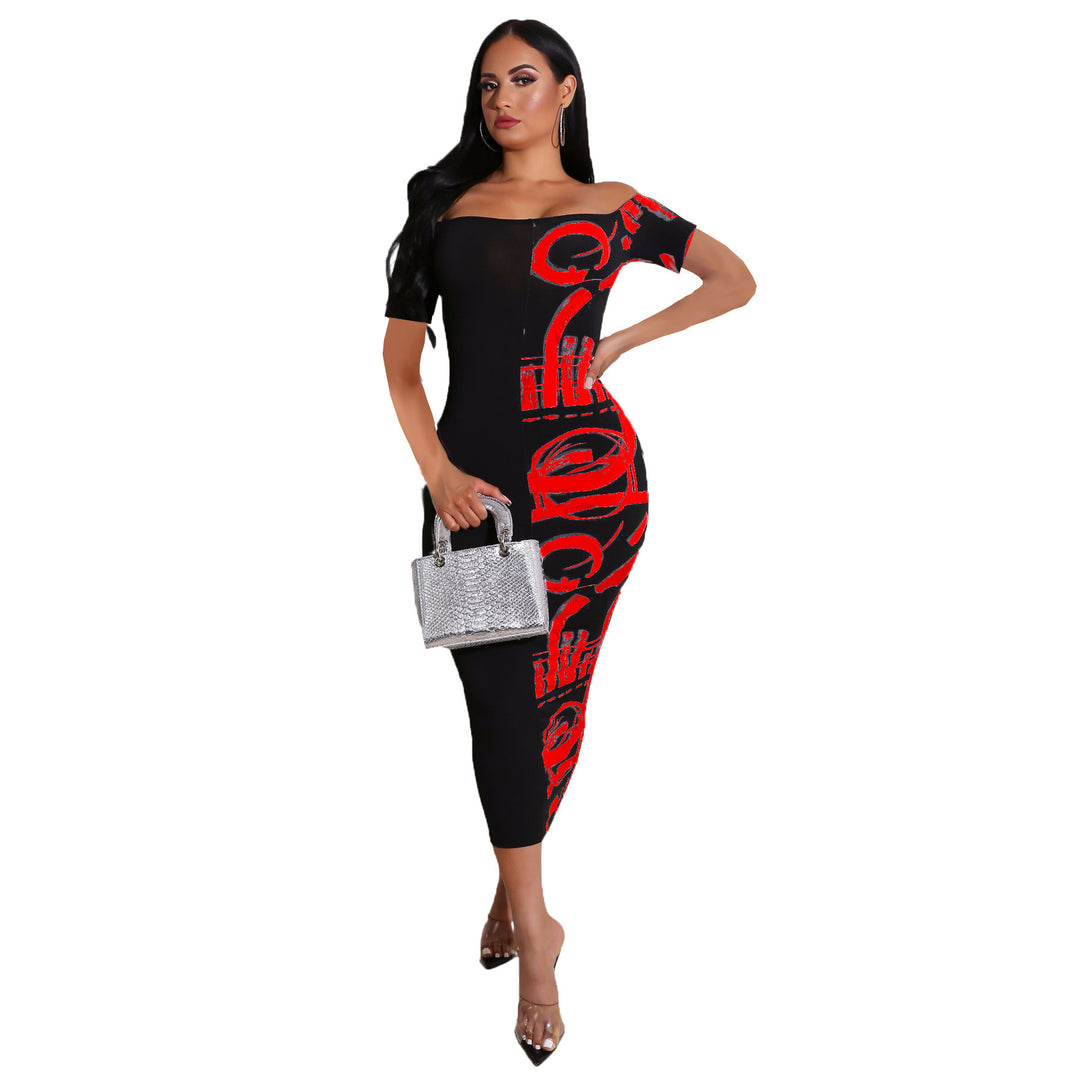 Women Elegant Midi Dress with Off-Shoulder Design, Graphic Print and Fitted Silhouette Lune London