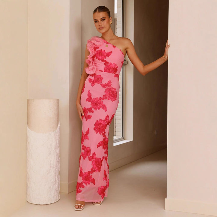 Elegant evening dress for women with asymmetric strap and floral appliqués Chic & Stil
