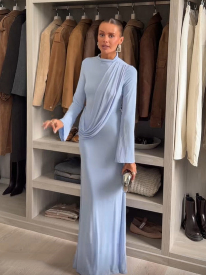 Women's Maxi Dress with Draped Front, Stand Collar and Bell Sleeves Amarae