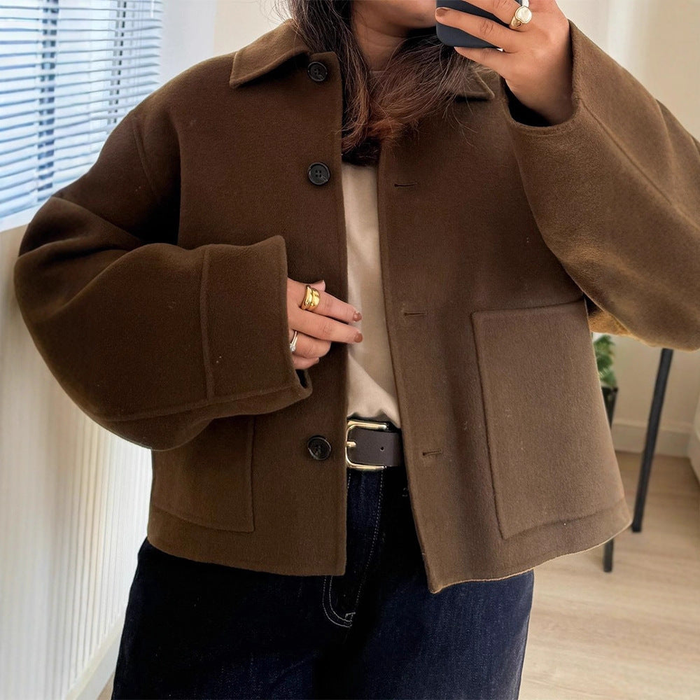 Women Short Wool Blend Blazer with Boxy Silhouette and Extra Long Sleeves Amarae