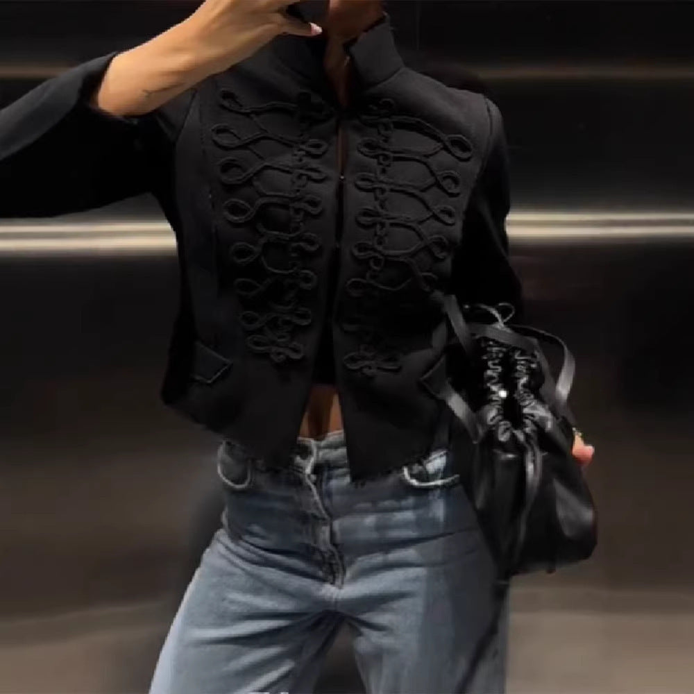 Ladies military-inspired short jacket with decorative cords and stand-up collar Amarae
