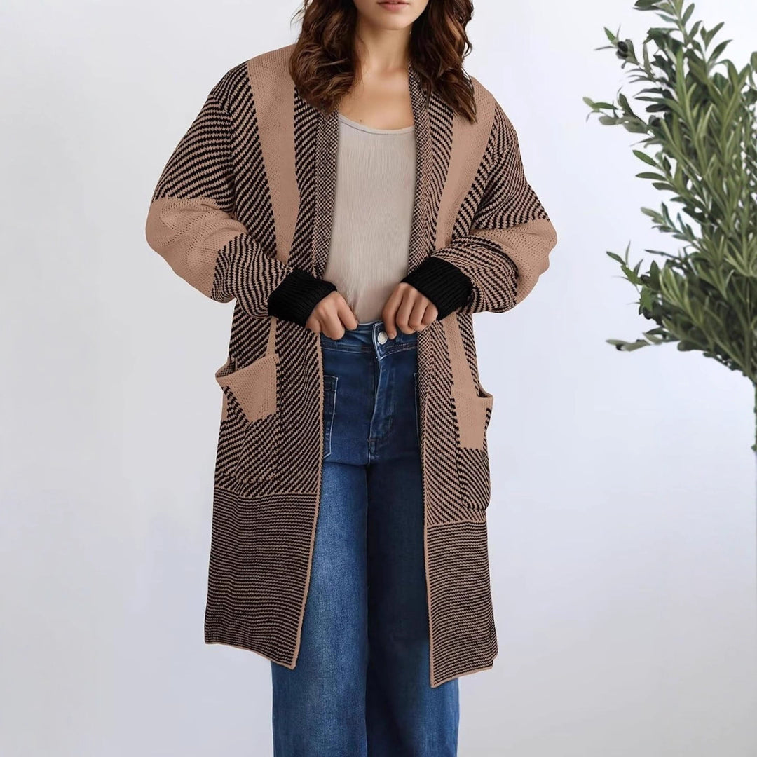 Ladies long knit cardigan with textured pattern and patch pockets Lune London