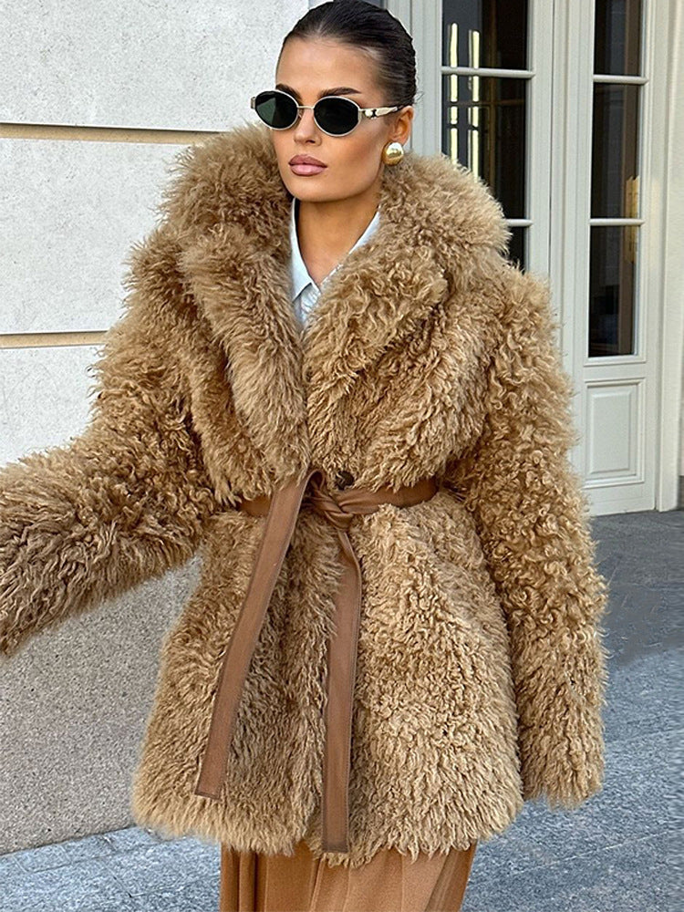 Women’s short coat made of voluminous bouclé faux fur with wrap and waist belt Amarae